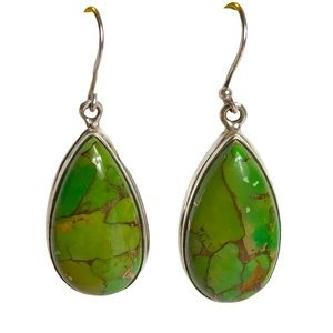 Green Copper Earrings Sterling Silver Drop Hook Handmade Jewelry Teardrop Stone